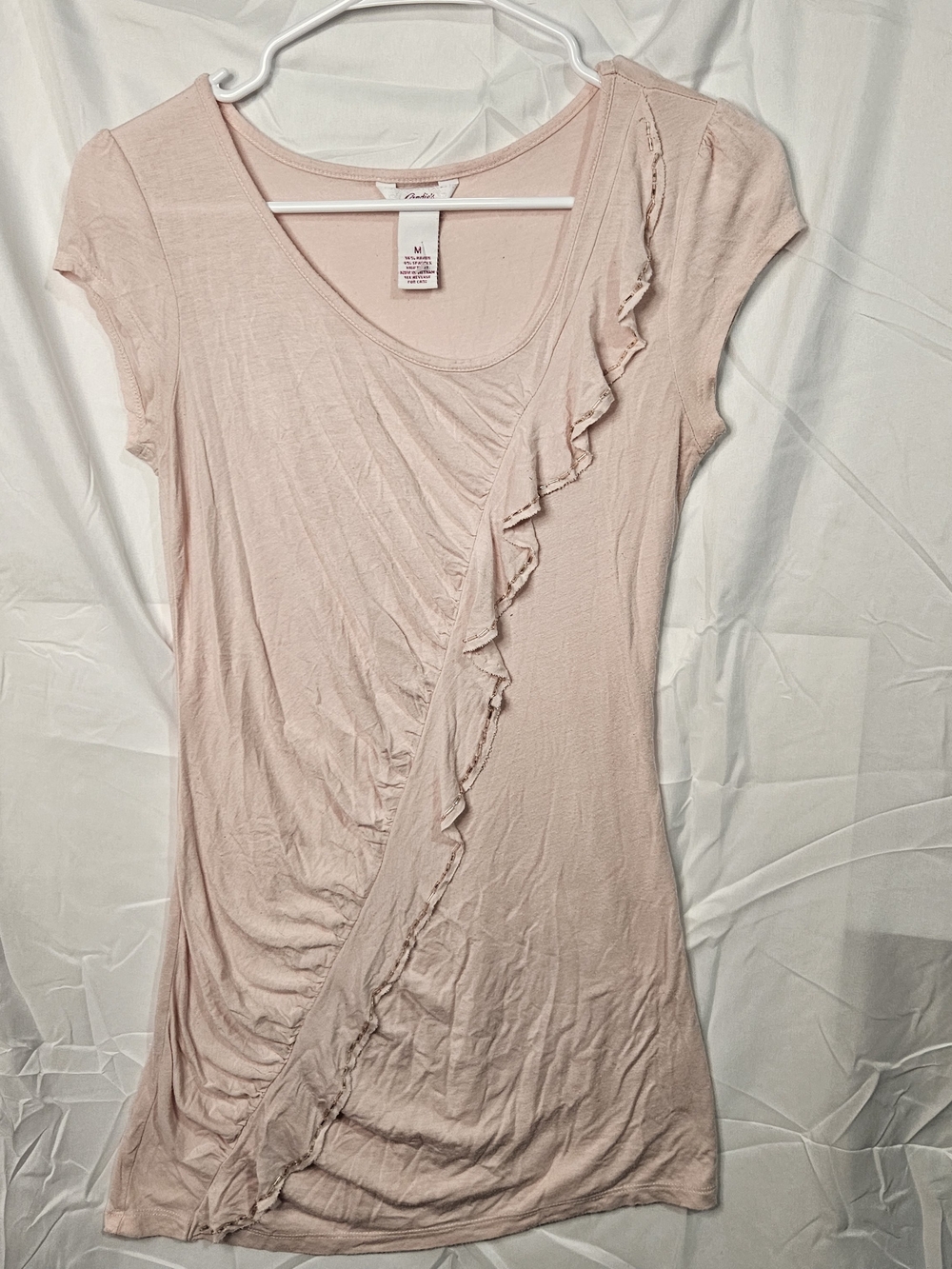 Candie's Pink Asymmetrical Ruched Ruffle Trim Top Scoop Neck Size M Y2K Coquette